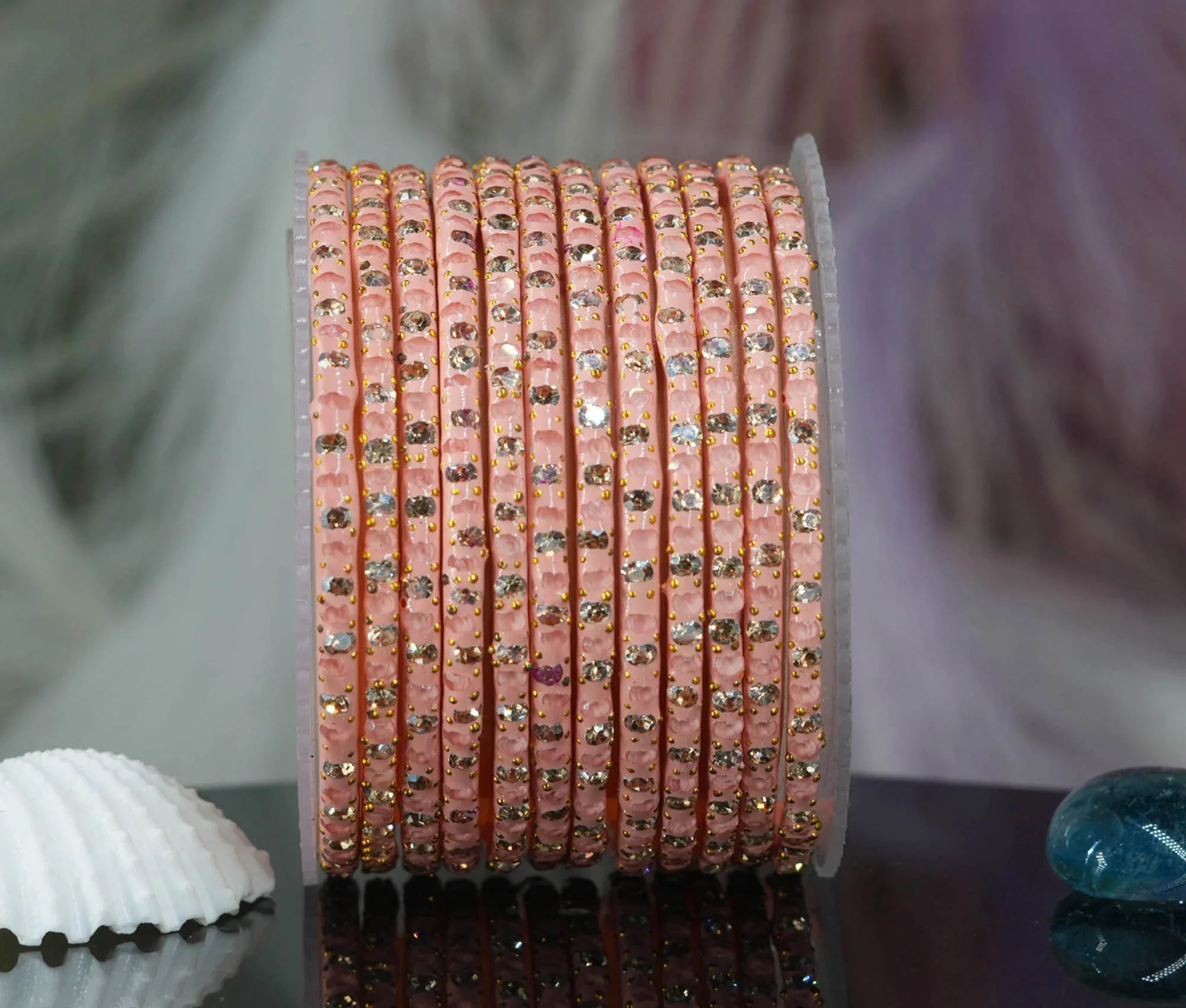 Glass Bangle with Beads Studded for Women & Girls (Pack 12 Bangles) - The Golden Cascade